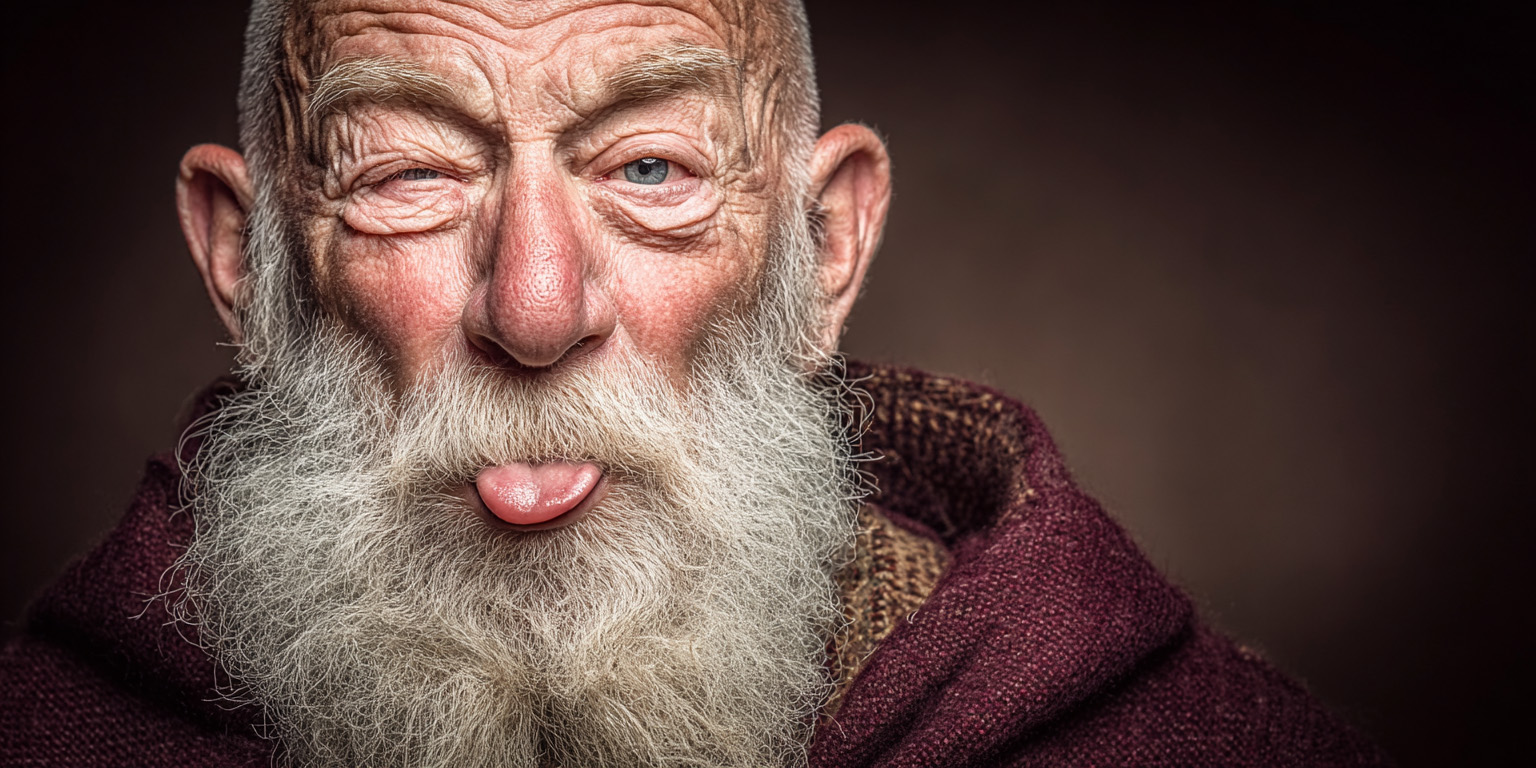 old man with tongue out