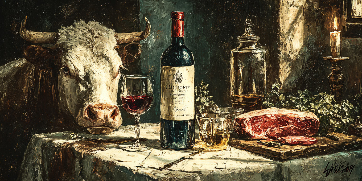 A bottle of wine and steak on a table with a cow head
