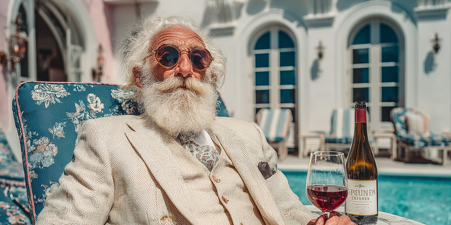 old man with bottle of wine poolside